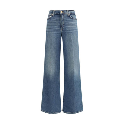 7FOR Blue Cotton Flared Jeans with high waist, vintage style, wide leg, five-pocket design, zipper closure, ideal for AW25 season.