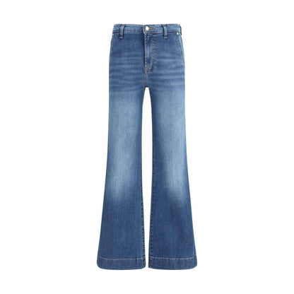 7FOR Blue Cotton Flared Jeans with modern silhouette, front zipper, button closure, and pockets, made of 98% cotton, 2% elastane.