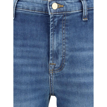 7FOR Blue Cotton Flared Jeans with front zipper and button closure, showcasing modern silhouette and waist loops.