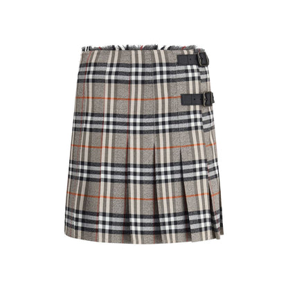 Burberry Gray Wool Mini Skirt with pleats, leather straps, and B-shaped buckles showcasing timeless elegance.