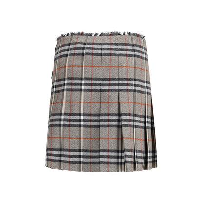 Burberry Gray Wool Mini Skirt with pleated check pattern and adjustable leather straps featuring B-shaped buckle.