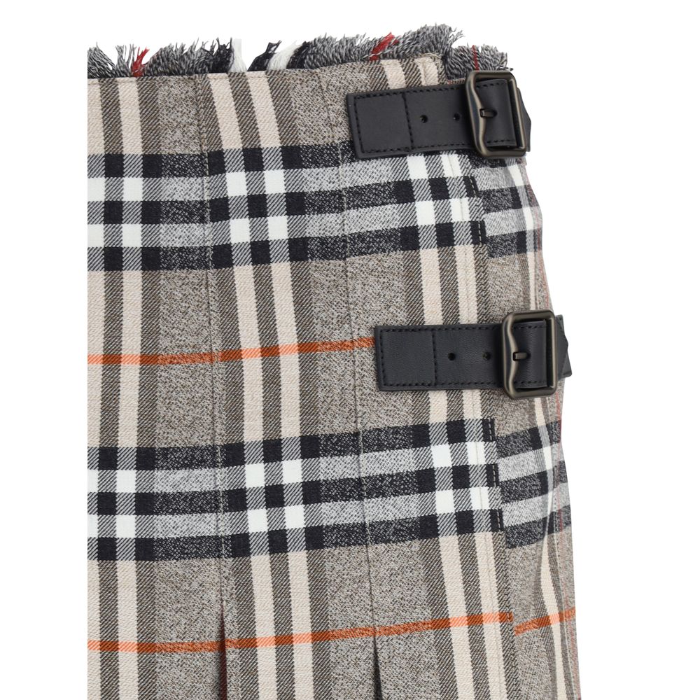 Burberry Gray Wool Mini Skirt featuring classic check pattern, leather straps with B-shaped buckles, and pleated flared silhouette.