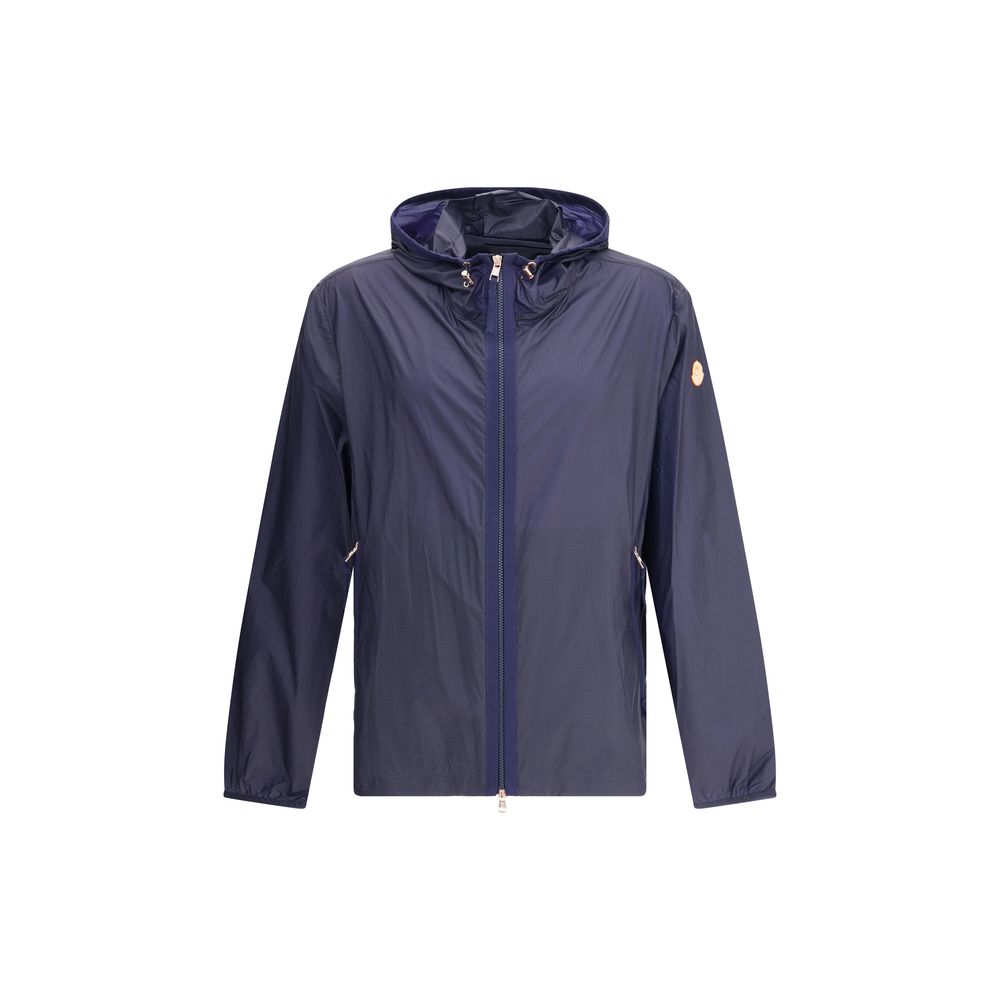 Moncler x Donald Glover Blue Nylon Shell Jacket with adjustable hood and zip pockets, perfect for variable weather conditions.