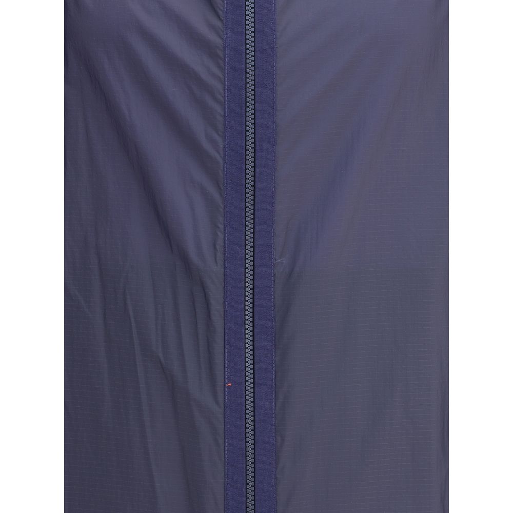 Close-up of Moncler x Donald Glover Blue Nylon Shell Jacket zipper detail made from water-repellent ripstop nylon.