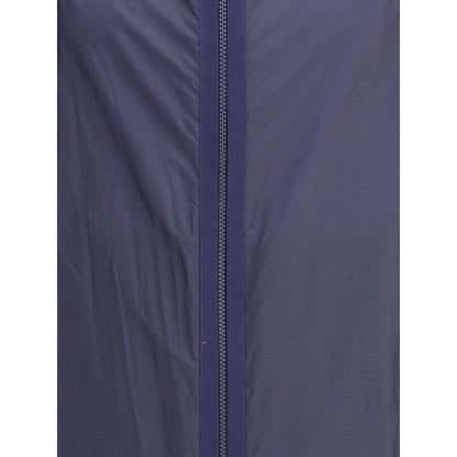 Close-up of Moncler x Donald Glover Blue Nylon Shell Jacket zipper detail made from water-repellent ripstop nylon.