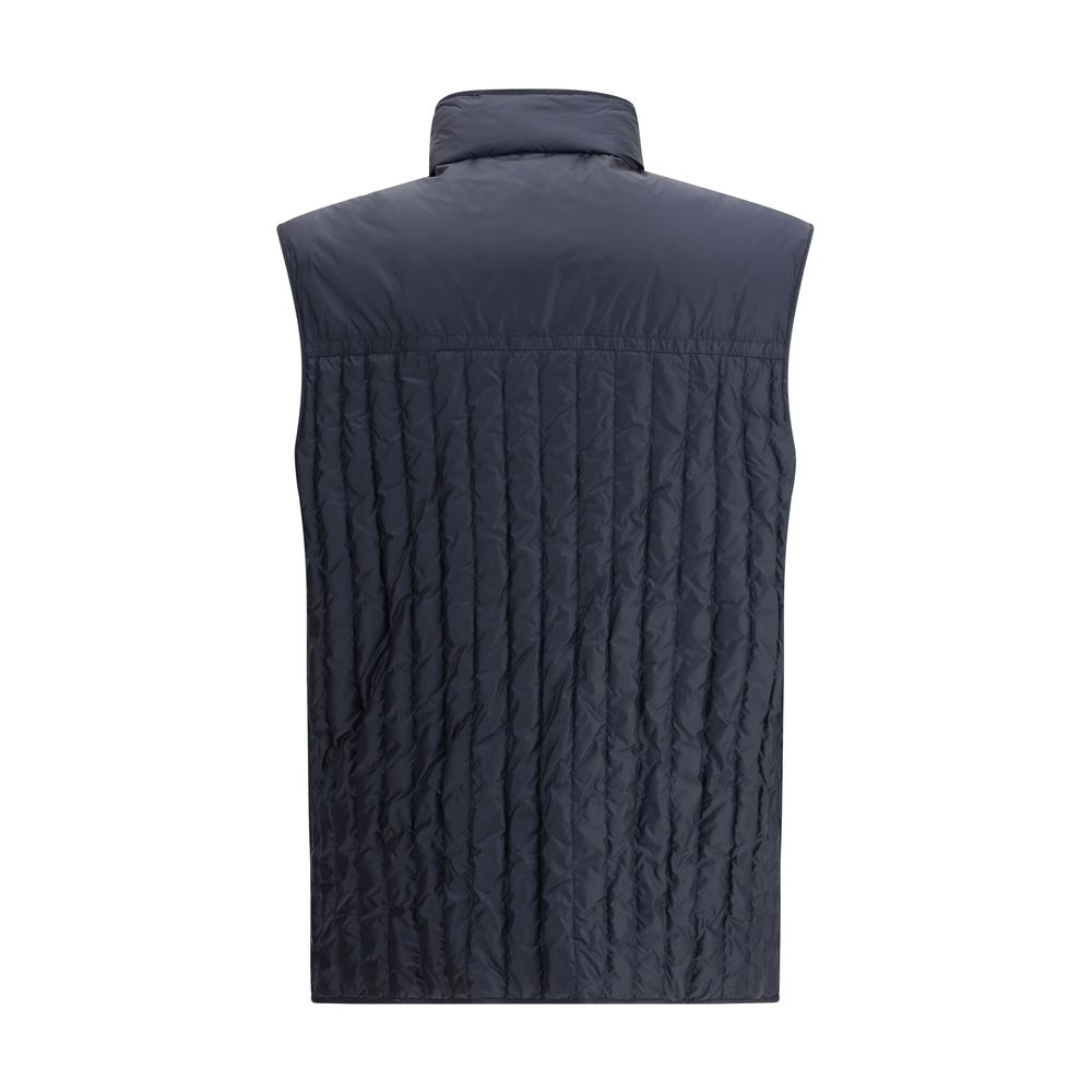 Back view of Moncler x Donald Glover Blue Polyamide Sleveless Jacket featuring vertical quilting.