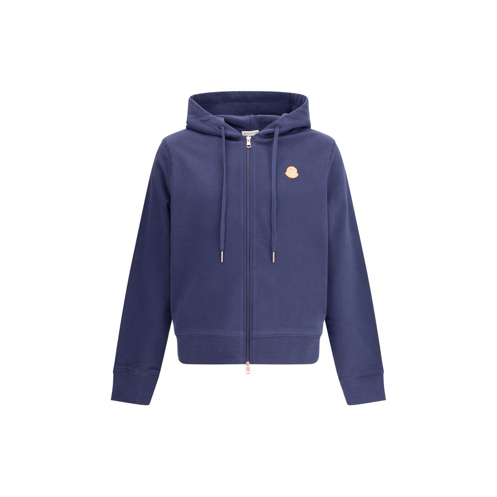 Moncler x Donald Glover Blue Cotton Sweatshirt featuring zip-up design and drawstring hood, showcasing the Gilga Farm inspired logo detail.