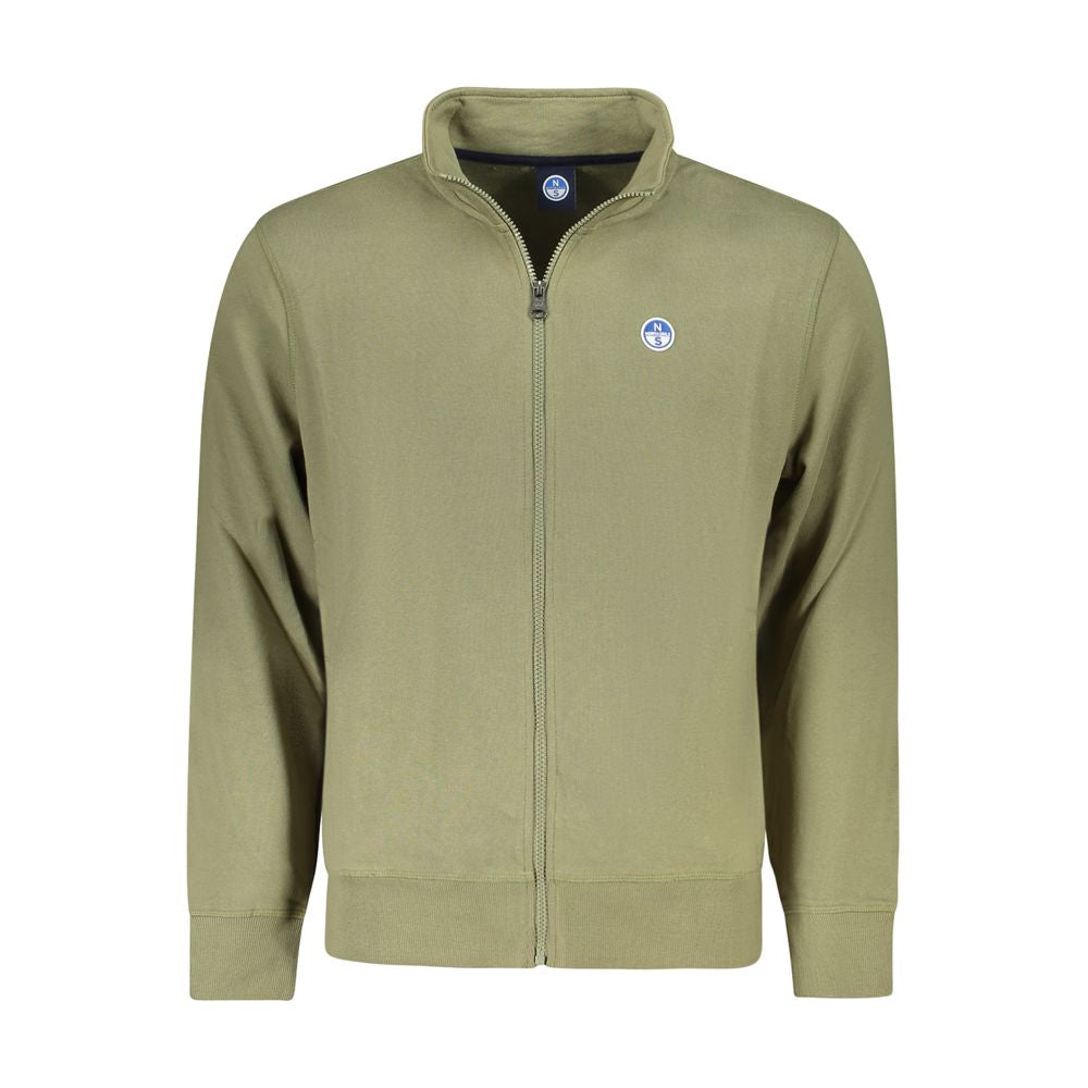 North Sails Green Cotton Men Sweater with logo and zipper front, featuring two pockets, made from cozy brushed cotton for ultimate comfort.