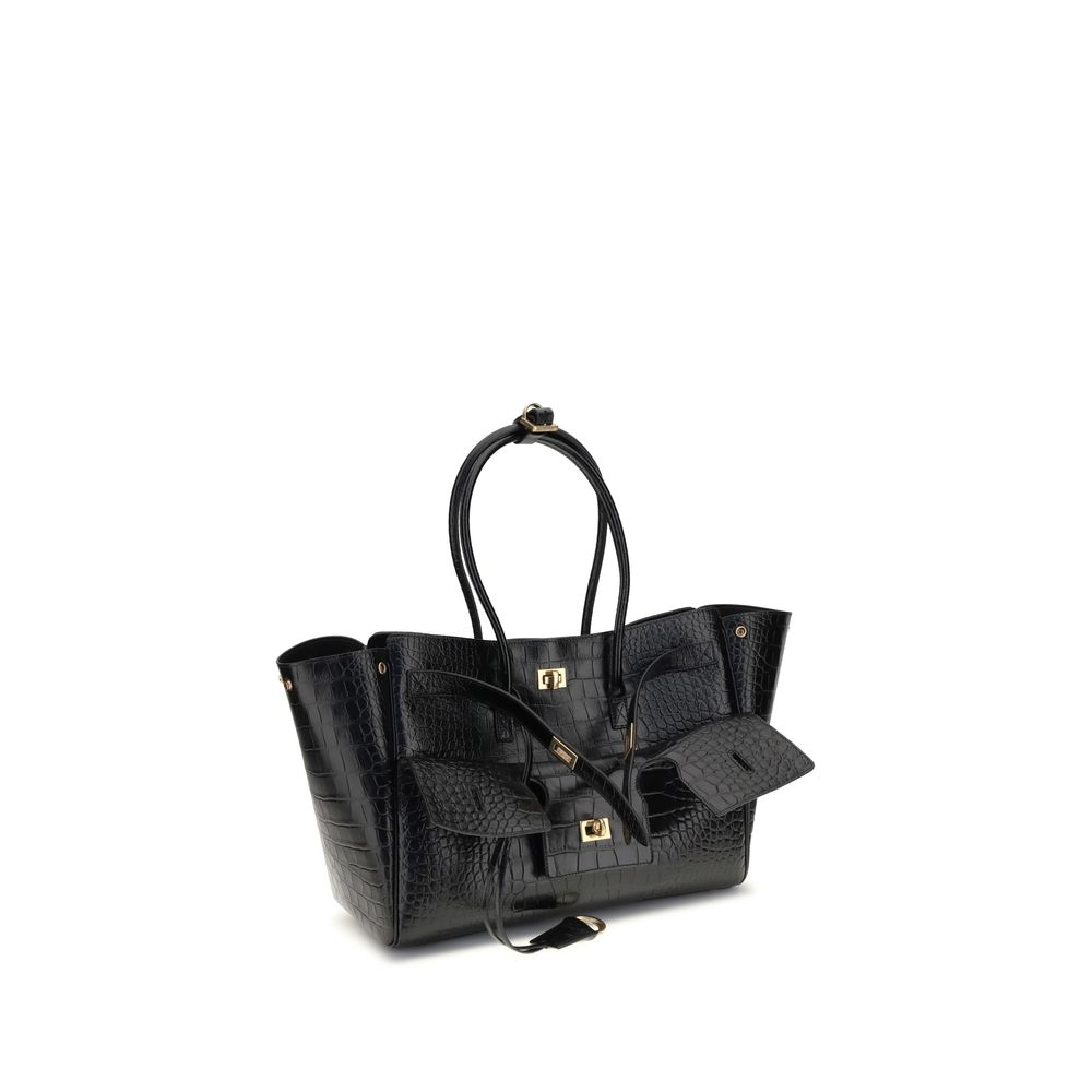 Balenciaga Black Calf Leather Bos Taurus Shoulder Bag with gold hardware, embossed logo, and crocodile-effect design.