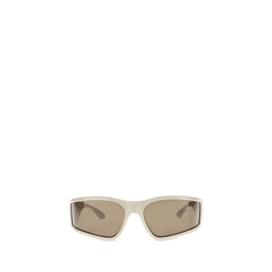 Balenciaga Cream Polyamide Sunglasses with D-frame design, gold BB logo, and bio-nylon lenses for durability and style.
