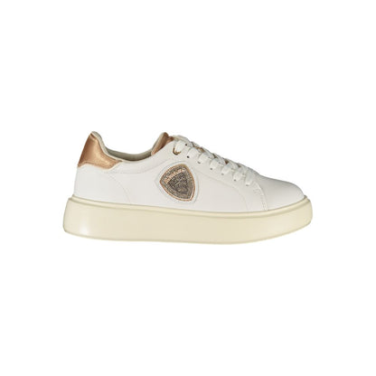Alt Tag: Blauer White Leather Women Sneaker with bronze accents and logo, designed for casual streetwear style and comfort.