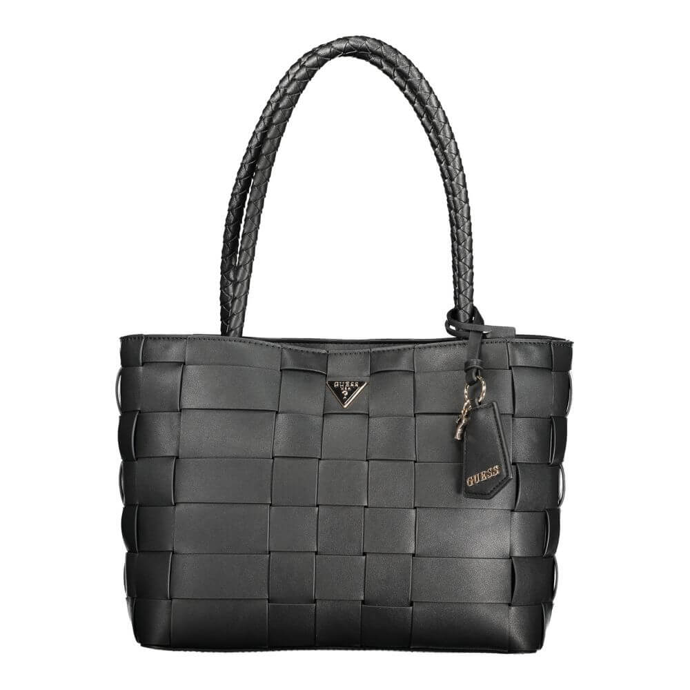 Guess Jeans Black Polyethylene Women Handbag with woven design, two compartments, and secure pockets for fashion and functionality.