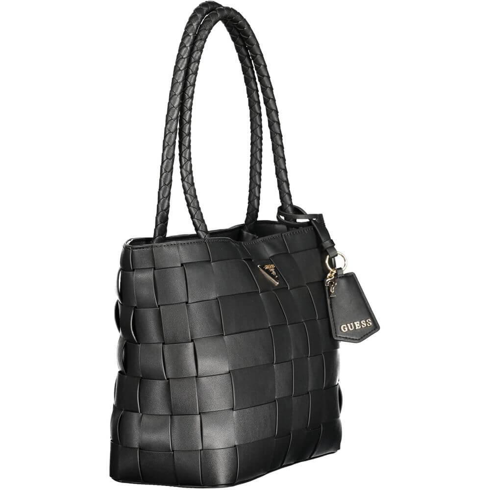 Guess Jeans Black Polyethylene Women Handbag with woven design and Guess label, featuring spacious compartments and secure pockets