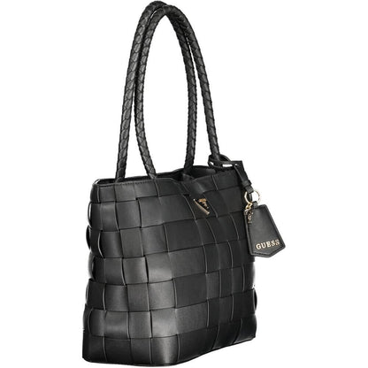 Guess Jeans Black Polyethylene Women Handbag with woven design and Guess label, featuring spacious compartments and secure pockets