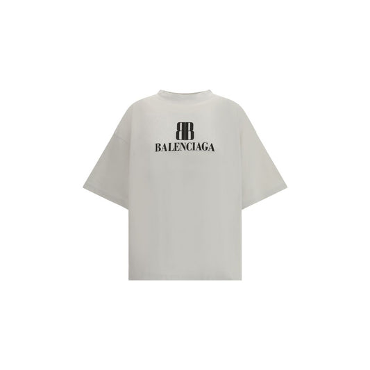 Balenciaga Gray Cotton T-Shirt with logo, featuring a relaxed fit and ribbed crew neck, ideal for urban and casual looks.