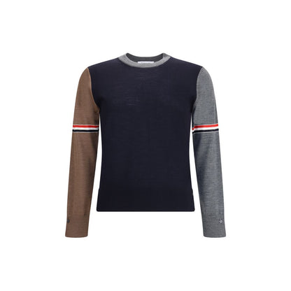 Thom Browne Multicolor Fleece Wool Sweatshirt with ribbed crew neck and iconic tricolor sleeve bands, AW25 collection, 100% fleece wool.
