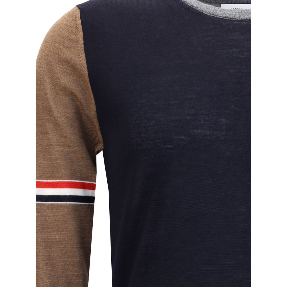 Thom Browne Multicolor Fleece Wool Sweatshirt with tricolor sleeve design and ribbed crew neck, showcasing iconic aesthetic.