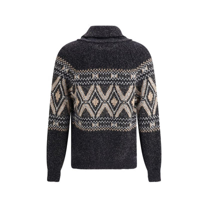 Back view of Brunello Cucinelli Black Fleece Wool Sweatshirt featuring diamond-pattern knit design and ribbed cuffs.