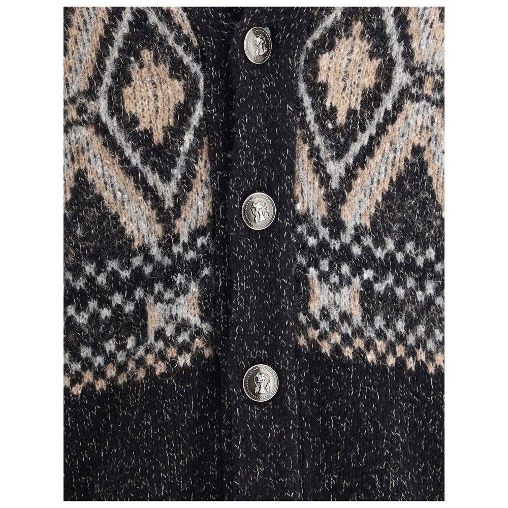Close-up of Brunello Cucinelli Black Fleece Wool Sweatshirt featuring diamond-pattern knit and grooved buttons on soft wool texture.
