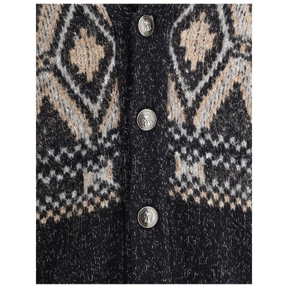 Close-up of Brunello Cucinelli Black Fleece Wool Sweatshirt featuring diamond-pattern knit and grooved buttons on soft wool texture.