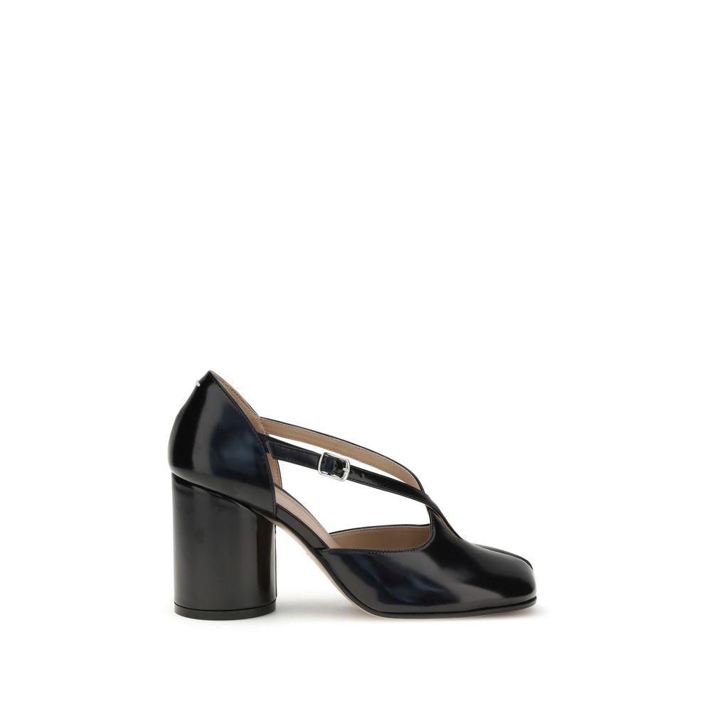 Margiela Black Calf Leather Bos Taurus High Heel Pumps with iconic separated toe and crisscrossed straps on wide heel.