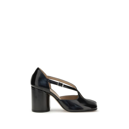 Margiela Black Calf Leather Bos Taurus High Heel Pumps with iconic separated toe and crisscrossed straps on wide heel.