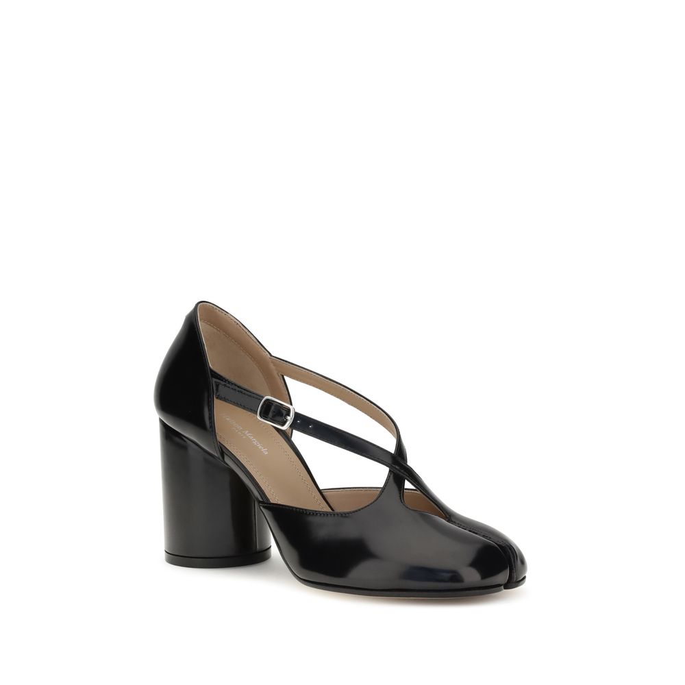 Margiela Black Calf Leather Bos Taurus High Heel Pumps with iconic Tabi toe and crisscross straps