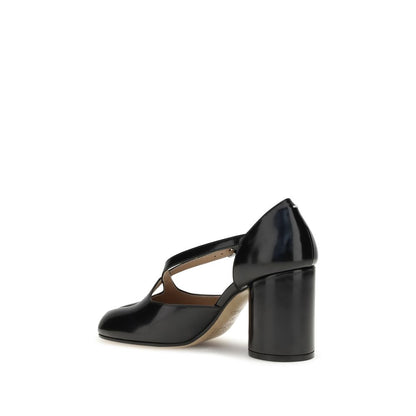 Margiela Black Calf Leather Bos Taurus High Heel Pumps with iconic separated toe and crisscrossed straps viewed from side
