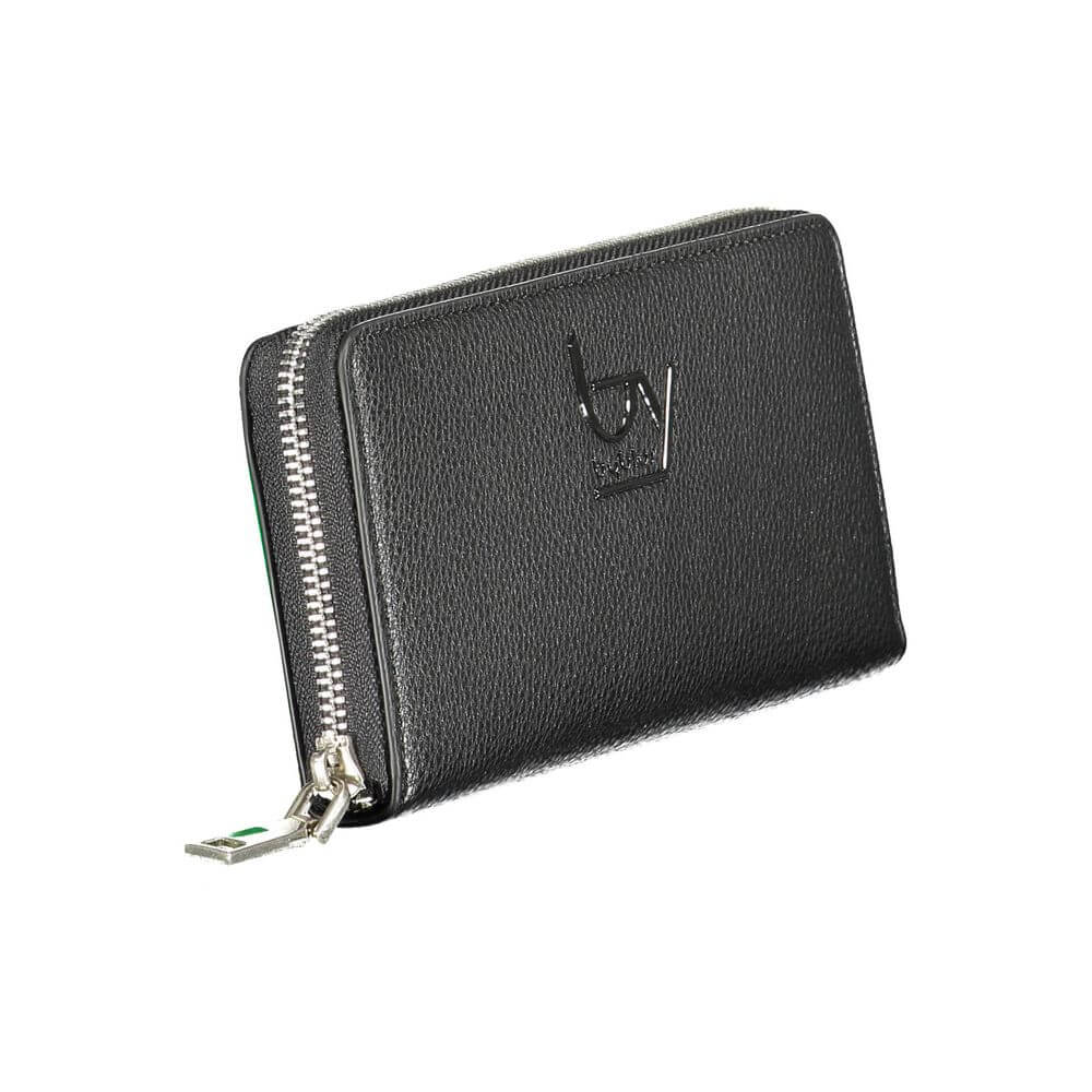 BYBLOS Black Polyethylene Wallet with zip closure, logo, and contrast details, featuring 5 compartments, coin purse, and card slots.