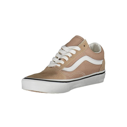 Vans Beige Polyester Sneaker with laces, Old Skool design, contrasting details, logo visible, side view.