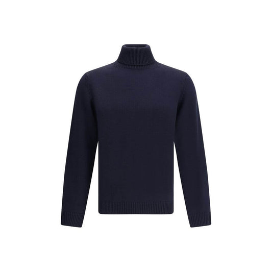 Roberto Collina Blue Merino Wool Turtleneck Sweater with ribbed collar, cuffs, and hem for smart and casual AW25 elegance.