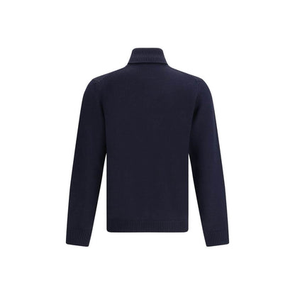 Rear view of Roberto Collina Blue Merino Wool Turtleneck featuring ribbed collar, hem, and cuffs for refined elegance and comfort.