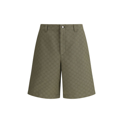 Gucci Green Cotton Bermuda Shorts with GG pattern, front zipper, button closure, and belt loops in a versatile silhouette, AW25, Made in Italy.