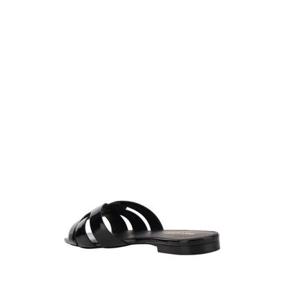 Saint Laurent Black Calf Leather Bos Taurus Flat Sandals with a square toe and woven front design, displayed on a minimalist background.