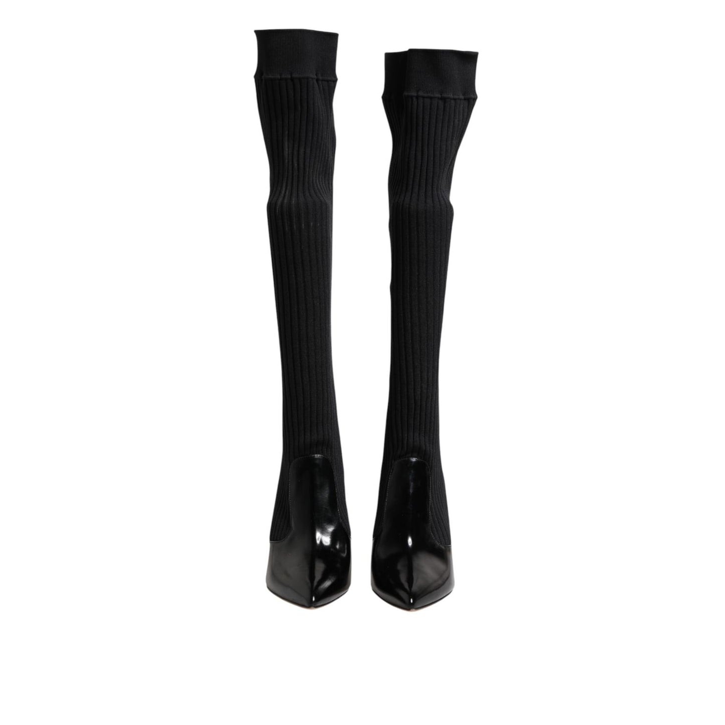 Dolce & Gabbana Black Leather Ribbed Knit Knee Boots Shoes