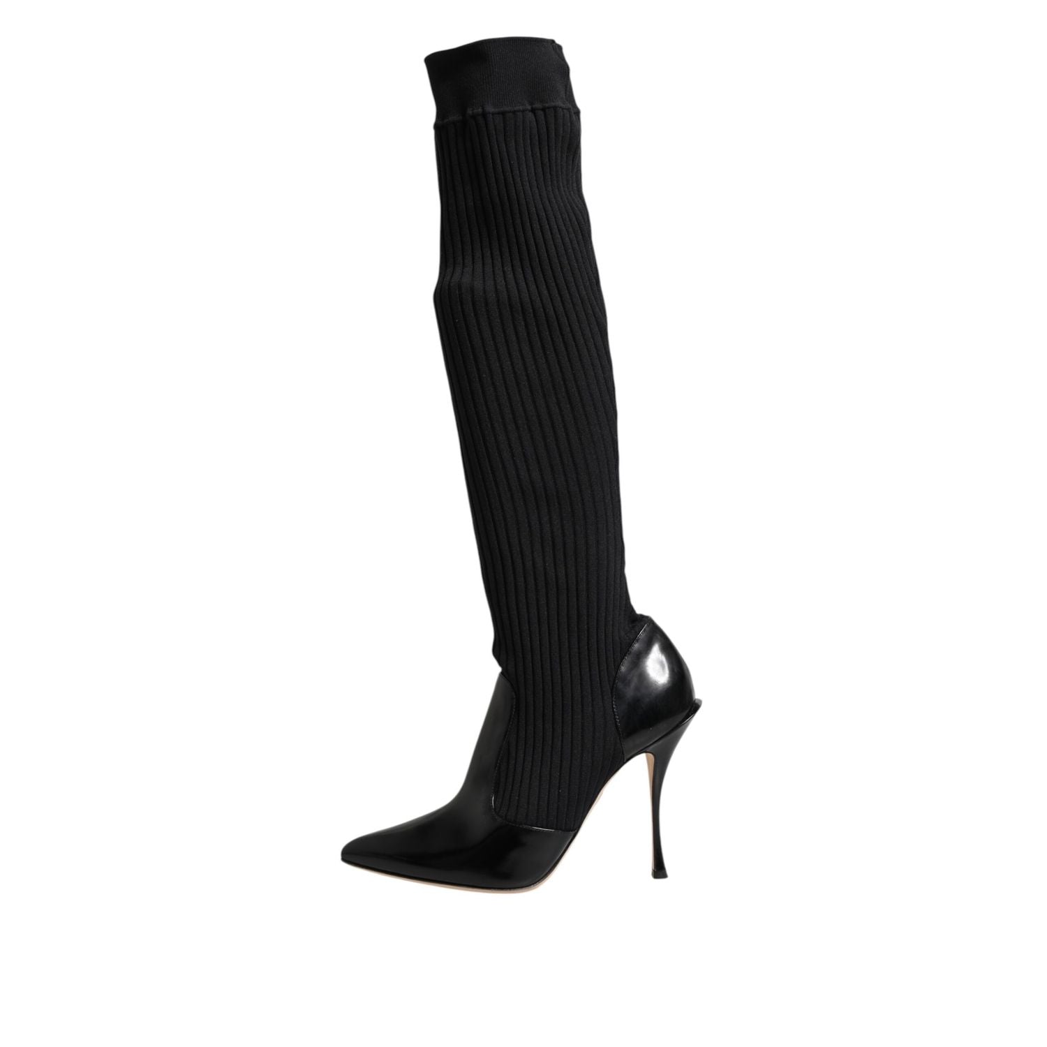 Dolce & Gabbana Black Leather Ribbed Knit Knee Boots Shoes