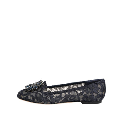 Dolce & Gabbana Blue Taormina Lace Crystals Flats Shoes