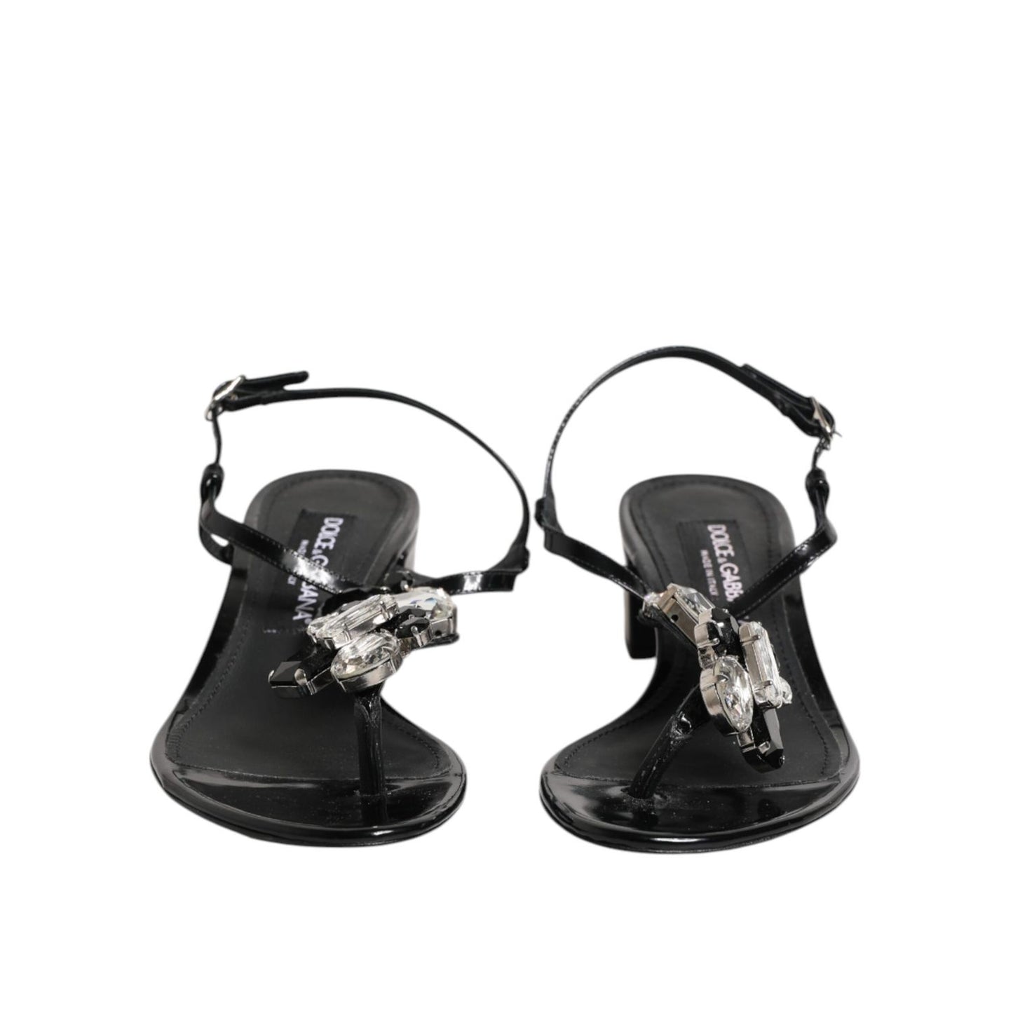 Dolce & Gabbana Black Leather Crystal Ankle Strap Sandals Shoes