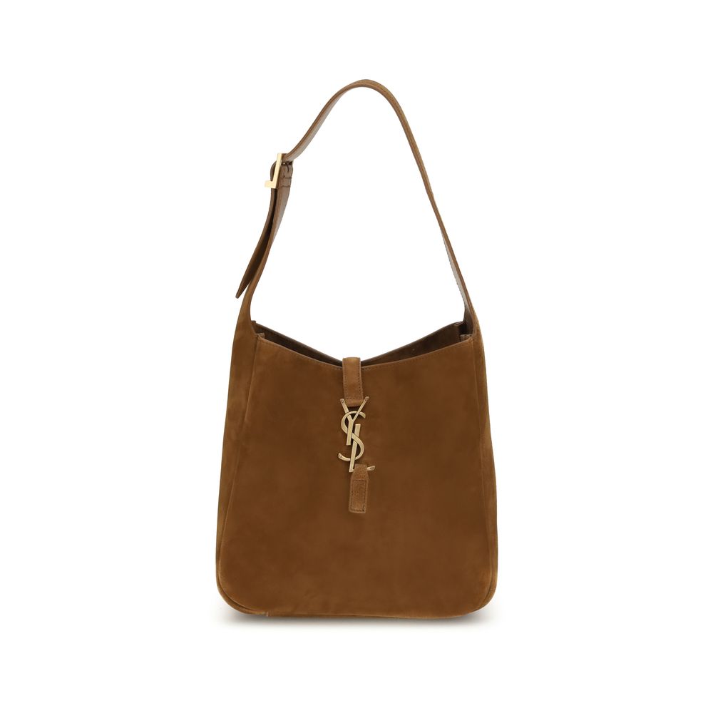 Saint Laurent Brown Calf Leather Bos Taurus Shoulder Bag with YSL logo and adjustable strap.