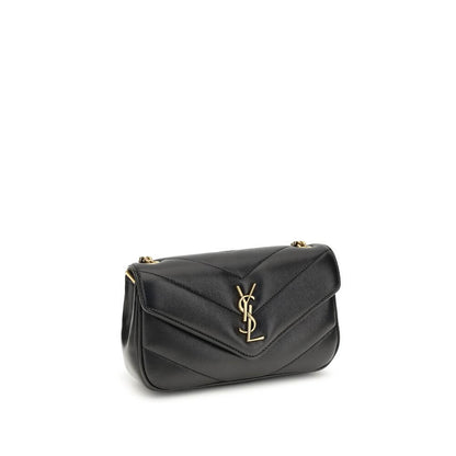 Saint Laurent Black Lamb Ovis Aries Aries Shoulder Bag with YSL logo, quilted leather design, and sliding chain handle.