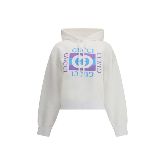 Gucci White Cotton Sweatshirt featuring vintage logo print and adjustable hood, perfect for a stylish and comfortable look.