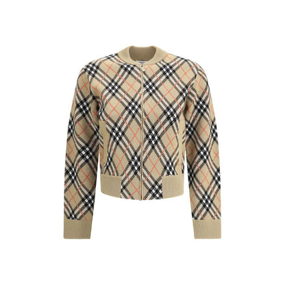 Alt Tag: Burberry Beige Wool Cardigan with check pattern, front zipper, ribbed collar, hem and cuffs, side welt pockets, autumn fashion.