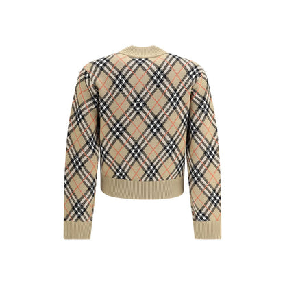 Back view of Burberry Beige Wool Cardigan with check pattern and ribbed cuffs.