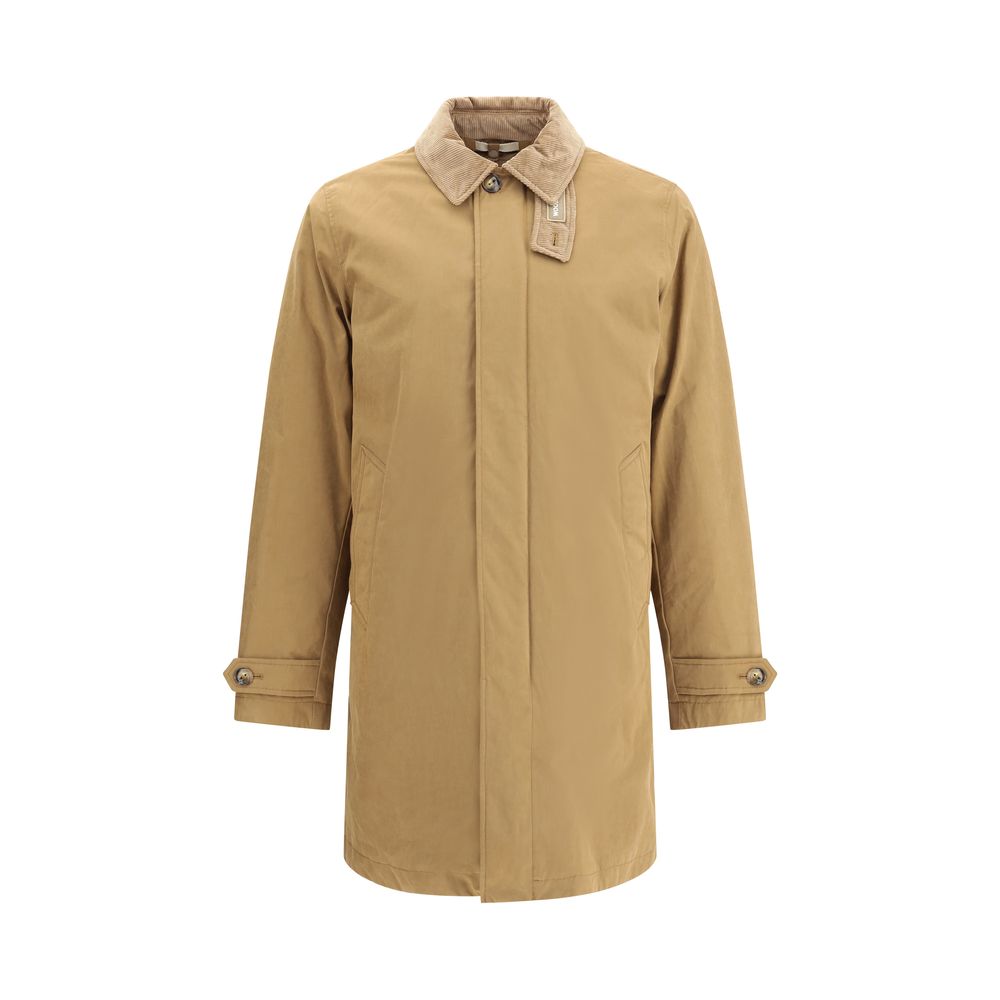Woolrich Beige Polyester Coat with stylish corduroy collar, warm padding, and elegant front closure for winter protection.