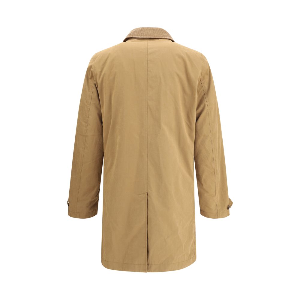 Back view of Woolrich Beige Polyester Coat with corduroy collar, showcasing knee-length design and functional elegance.