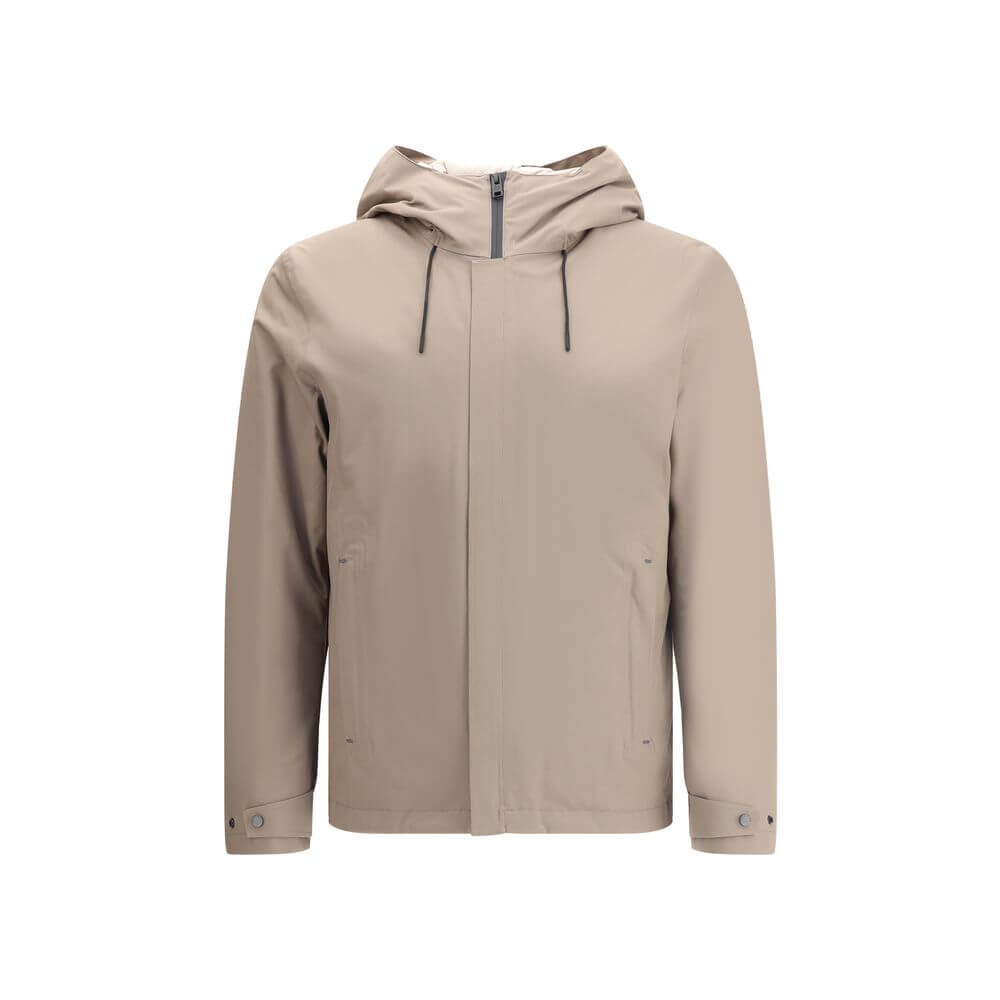 Alt Tag: Woolrich Beige Polyester Shell Jacket with hood and double-slider zipper, ideal for versatile weather conditions.