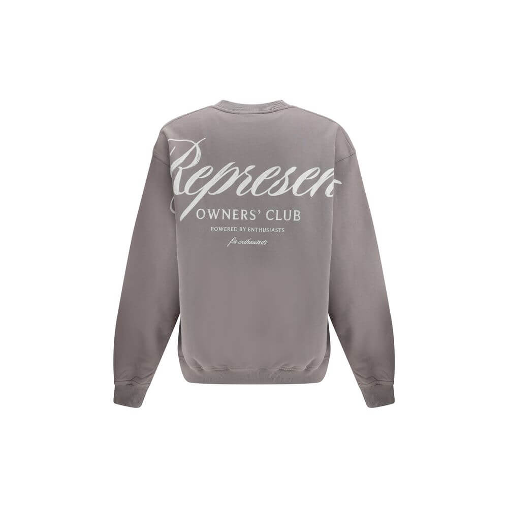 Back view of Represent Gray Cotton Sweatshirt with logo, featuring ribbed hem and cuffs for a modern, urban style.