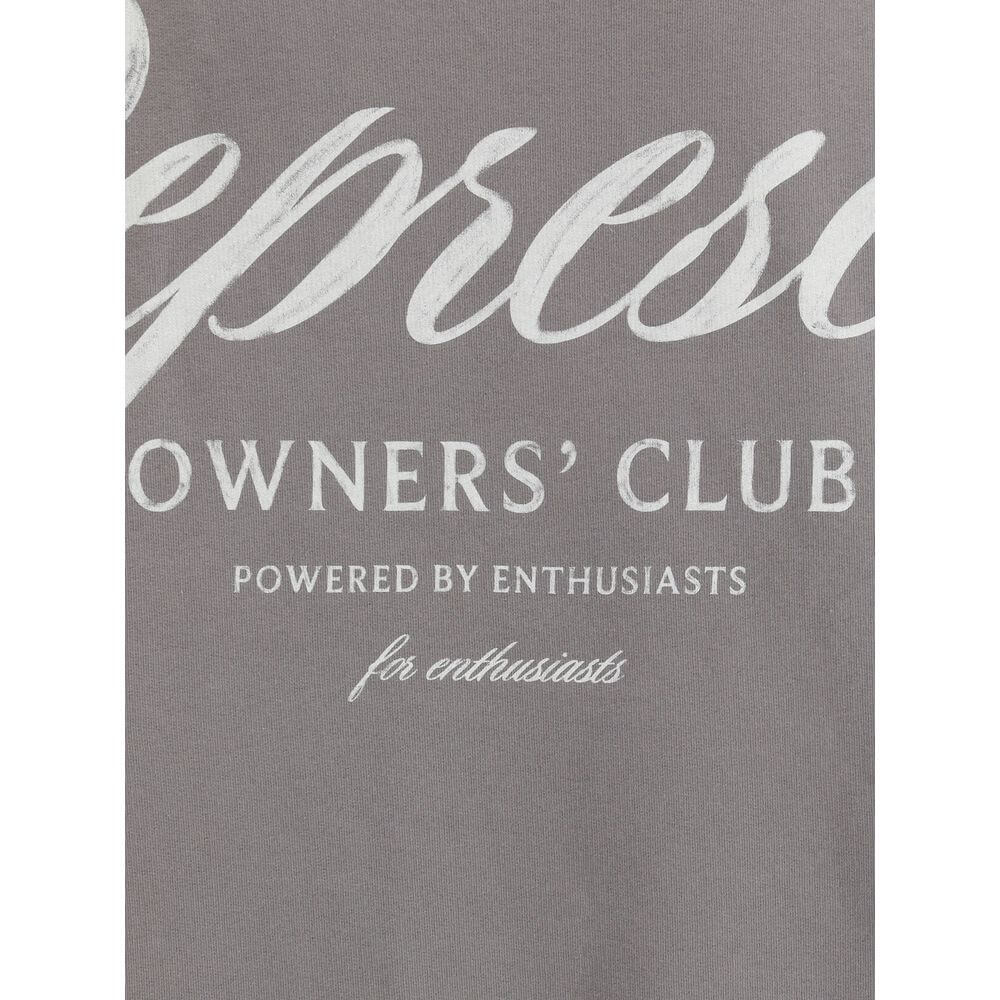 Represent Gray Cotton Sweatshirt with printed logo detail on gray fabric, showcasing "Owners' Club" and "Powered by Enthusiasts."