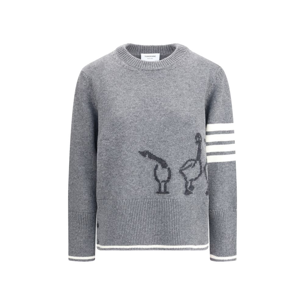 Thom Browne Gray Fleece Wool Sweatshirt with geese design and iconic arm bands, ribbed hem and crew neck, front view.