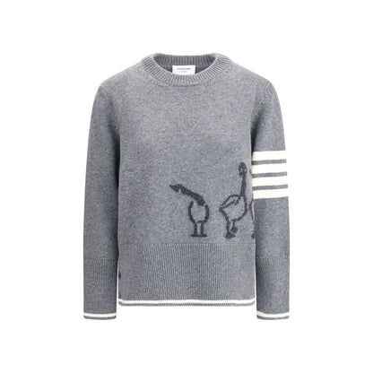 Thom Browne Gray Fleece Wool Sweatshirt with geese design and iconic arm bands, ribbed hem and crew neck, front view.